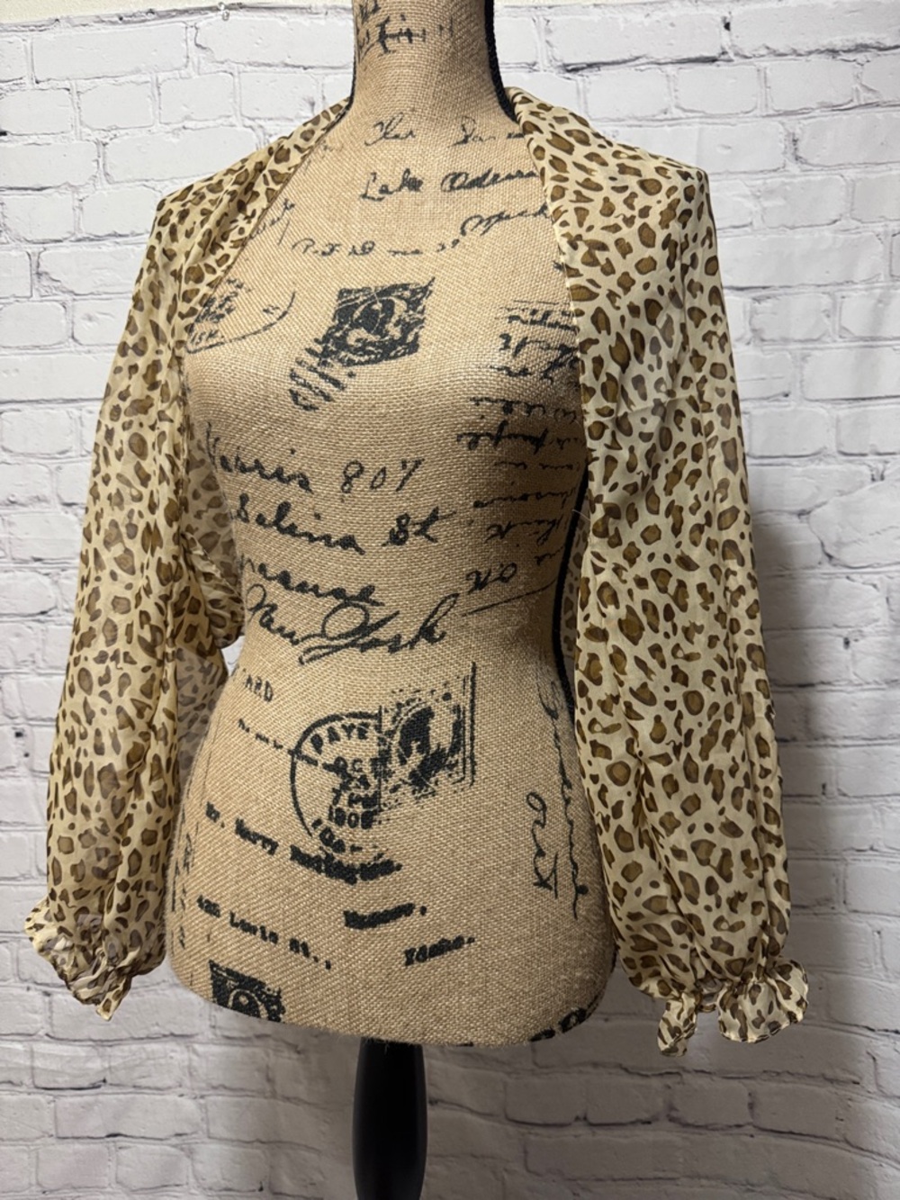 Fasbee Leopard Print Sheer Puff Sleeve Bolero Cardigan Stole Wrap Shawl Chiffon